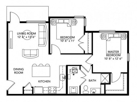Floor plan for 2 beds, 1 bath, 800 sqft